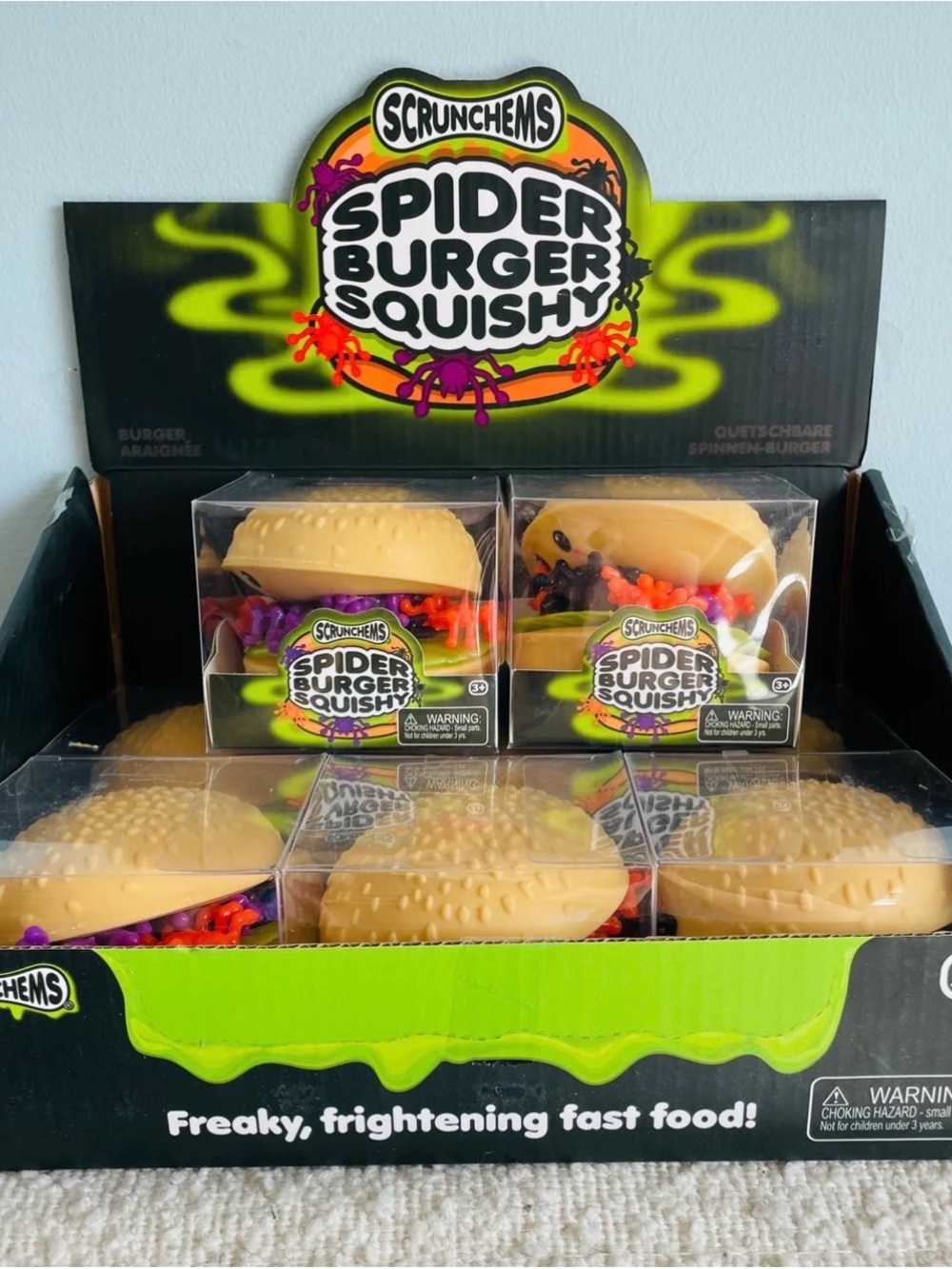 Spider Burger Squishy — Yellow Burger with Multicolor Spiders